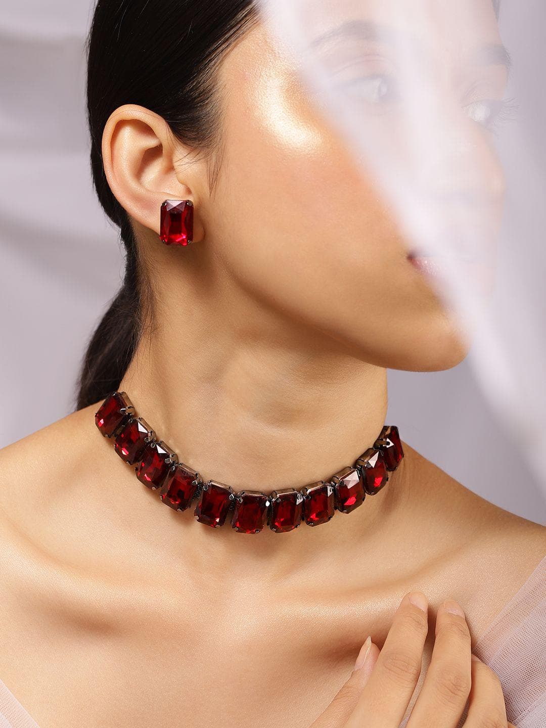 Rubans Rhodium Plated Maroon Crystal Cubic Zirconia Studded Statement Choker Jewelry Set
