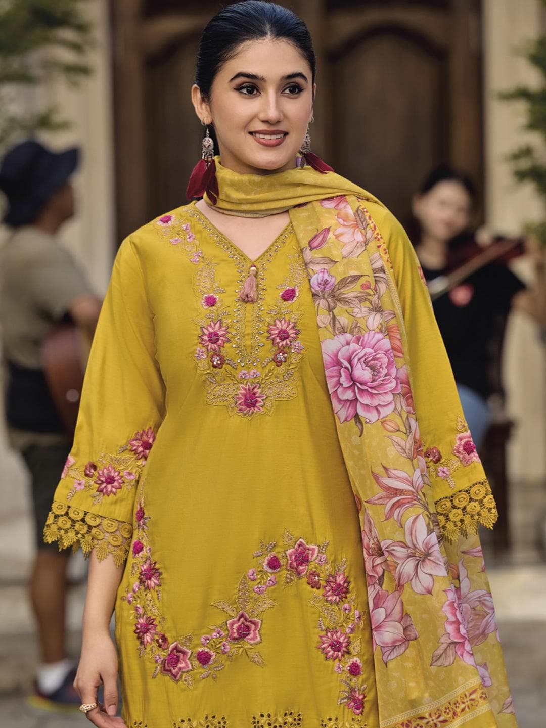 Varanga Floral Embroidered Thread Work Pure Cotton Straight Kurta With Trousers & Dupatta