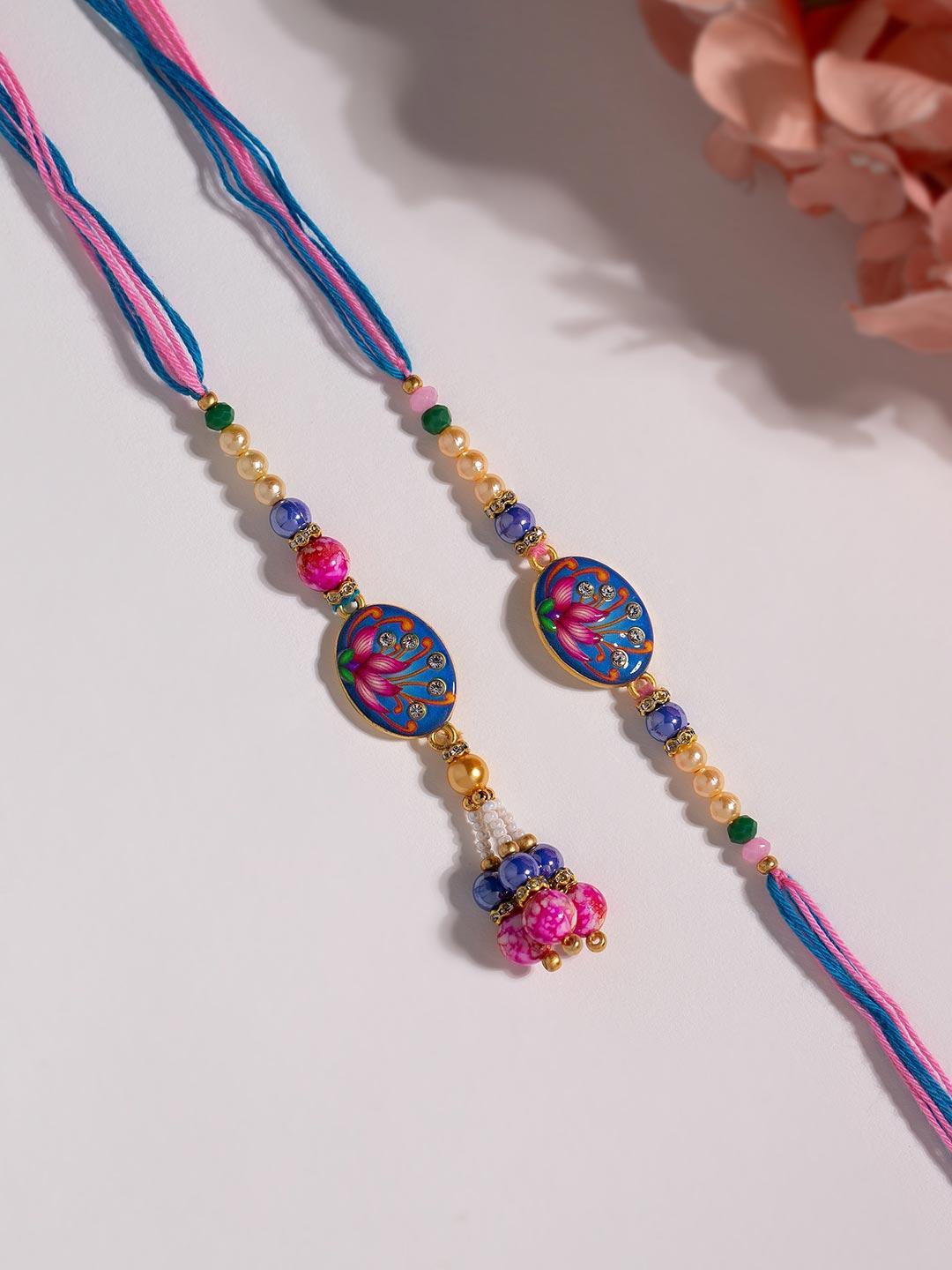 Buy Multicolored Floral Enameled Bhaiya Bhabhi Rakhi Set. - - Accessories for Unisex