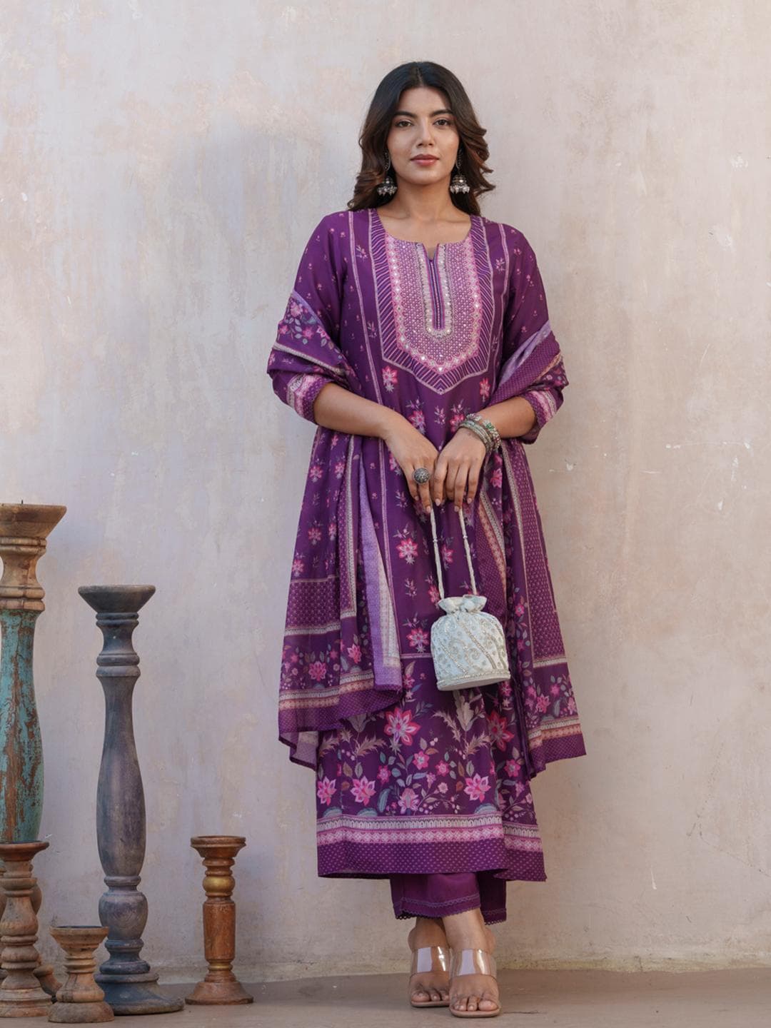 Sangria Floral Printed Straight Kurta With Trousers And Dupatta