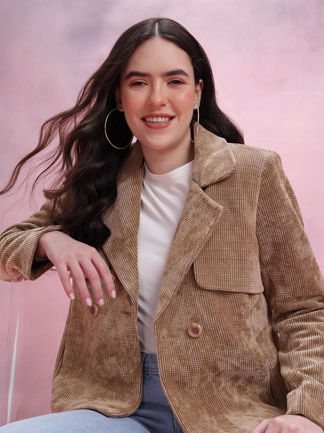 DressBerry Paneled Corduroy Single-Breasted Blazer