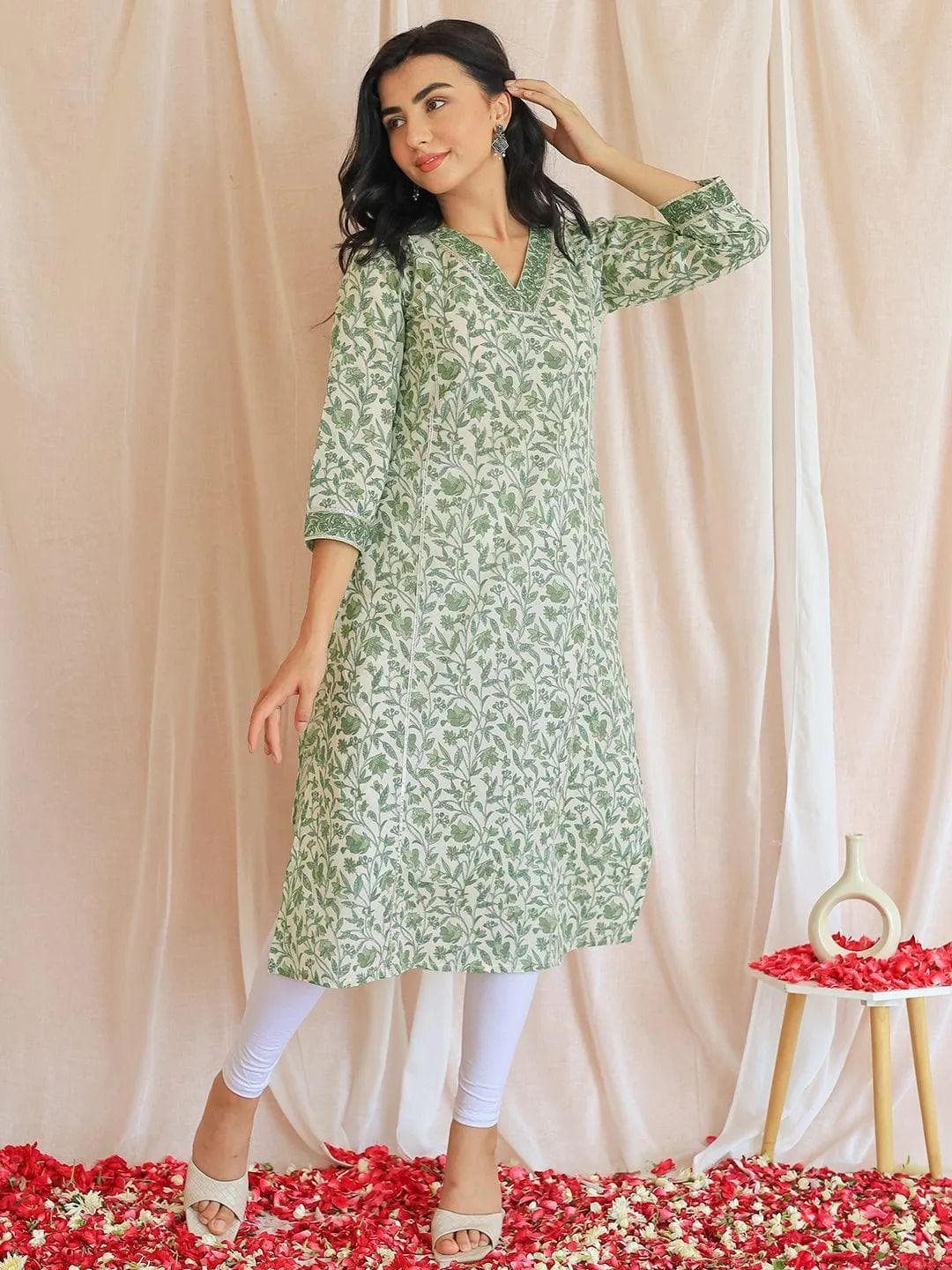 Libas Floral Printed V Neck Pure Cotton Kurta