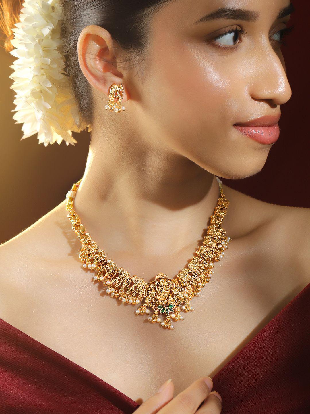 Buy Rubans 22K Gold Plated Ruby Emerald & Pearl Beaded Divine Ganesh Motif Temple Necklace Set - - Accessories for Women