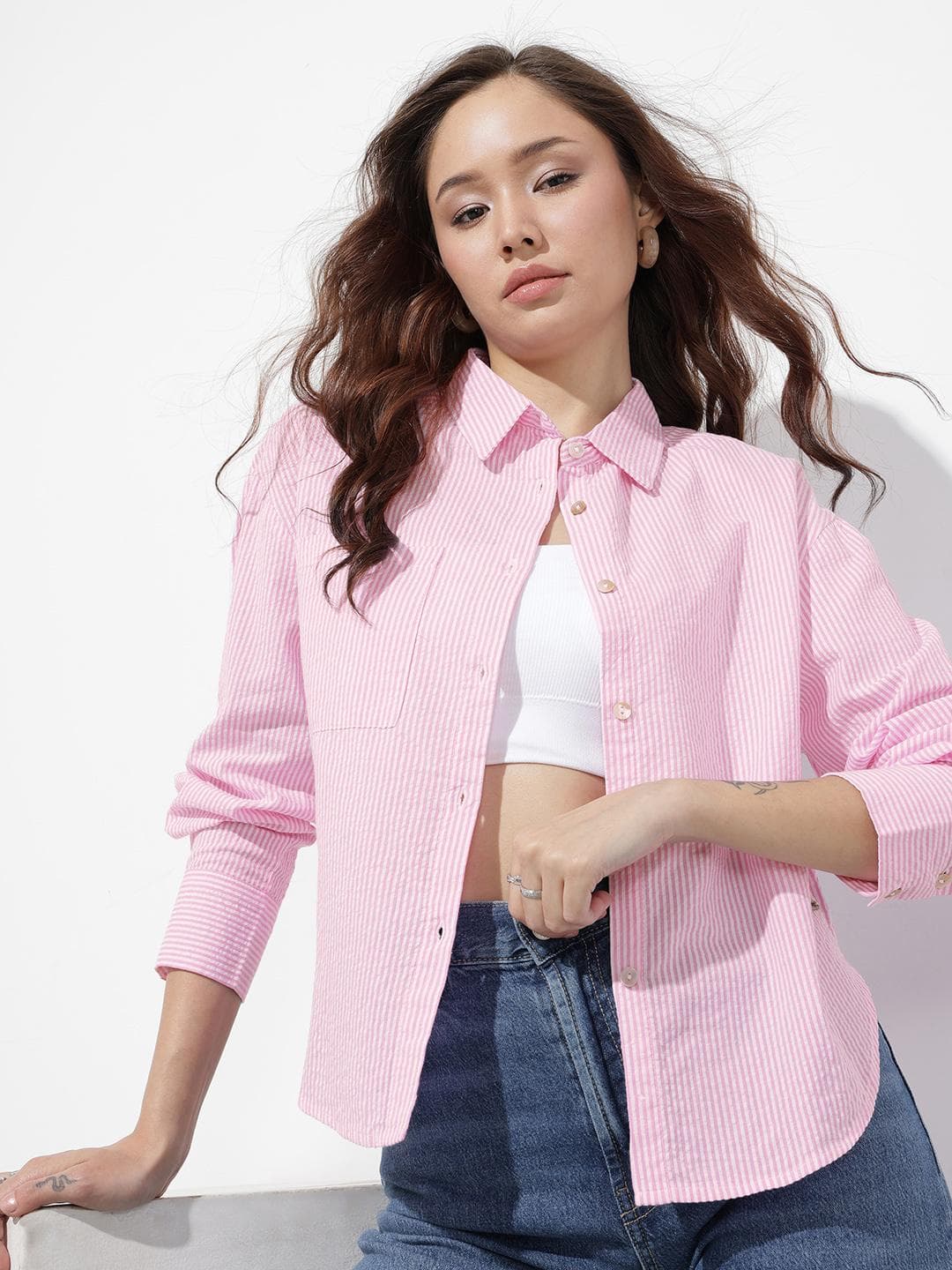 The Roadster Life Co. Oversized Striped Seersucker Pure Cotton Shirt