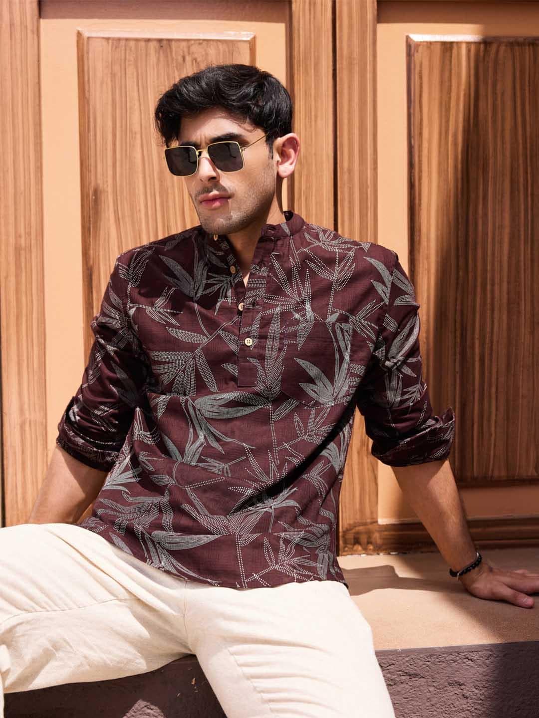 VASTRADO Brown Dotted Leaf Printed Band Collar Cotton Straight Short Kurta