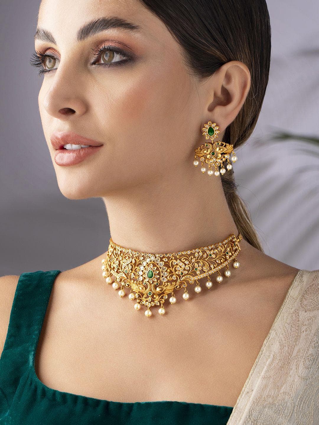 Buy Rubans 22K Gold Plated Emerald & CZ Studded Pearl Beaded Floral Choker Set - - Accessories for Women