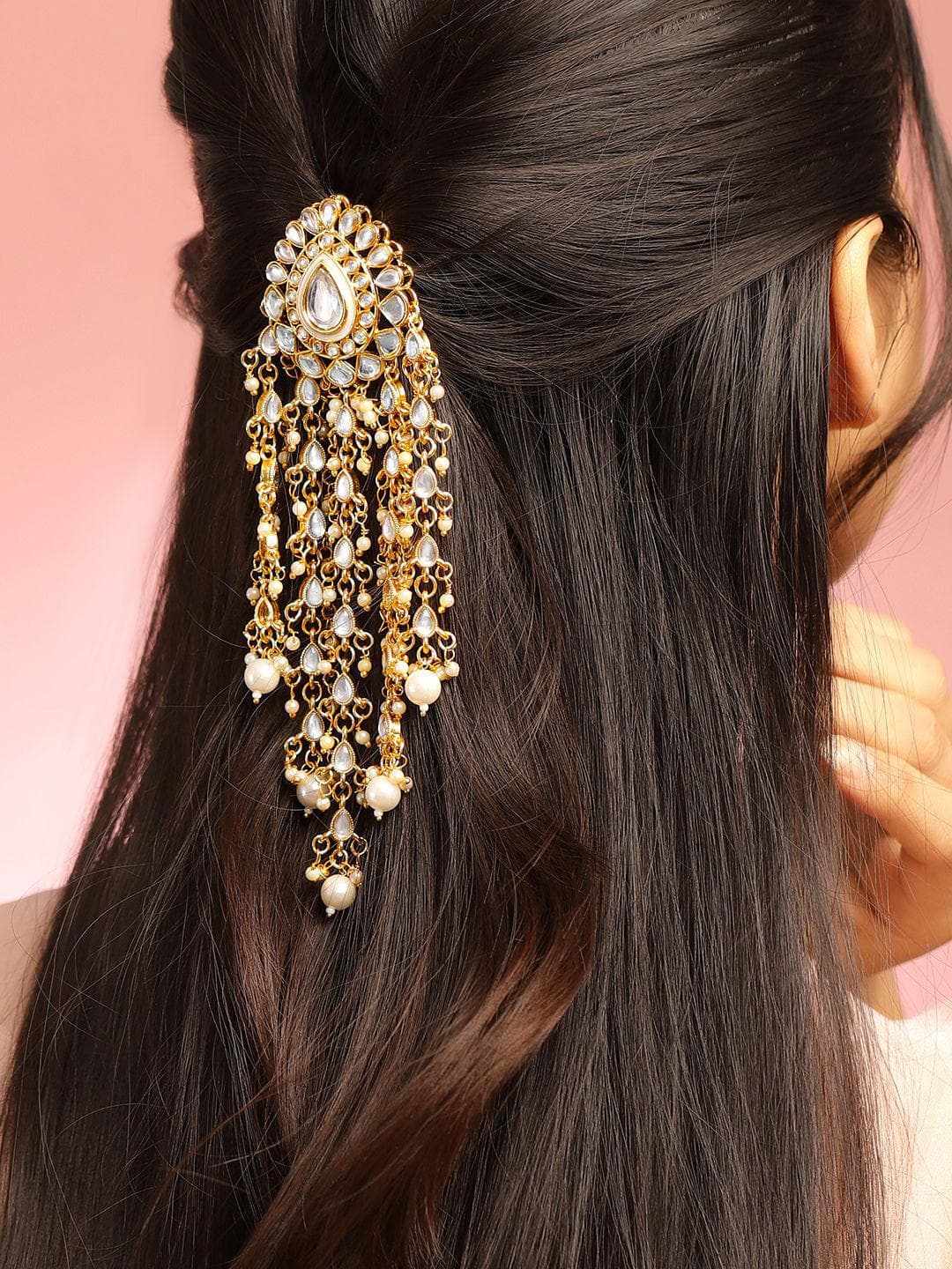 Buy Rubans 18K Gold Plated Kundan & Pearl Beads Studded Teardrop Multilayer Hair Accessory - - Accessories for Women