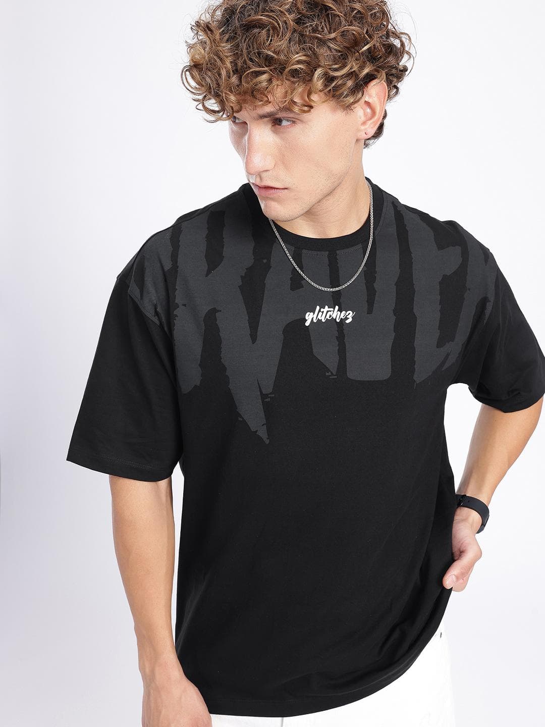 glitchez Men Typography Printed Oversized T-shirt