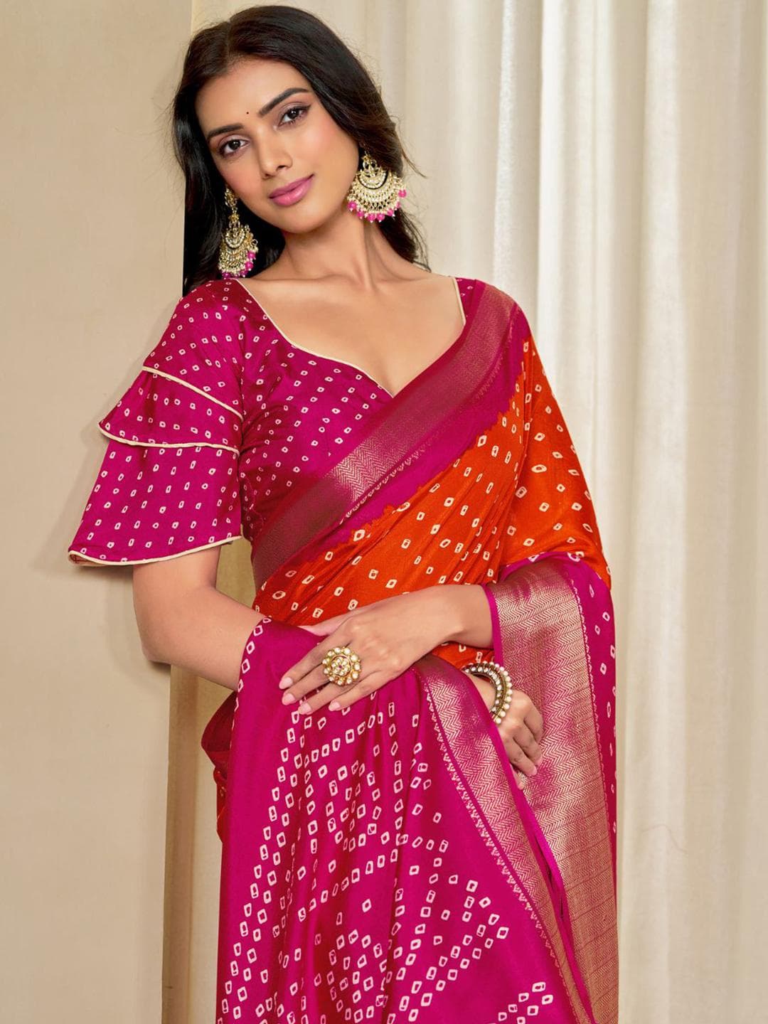 Kalini Women Dola Silk Bandhani Print Zari border Saree