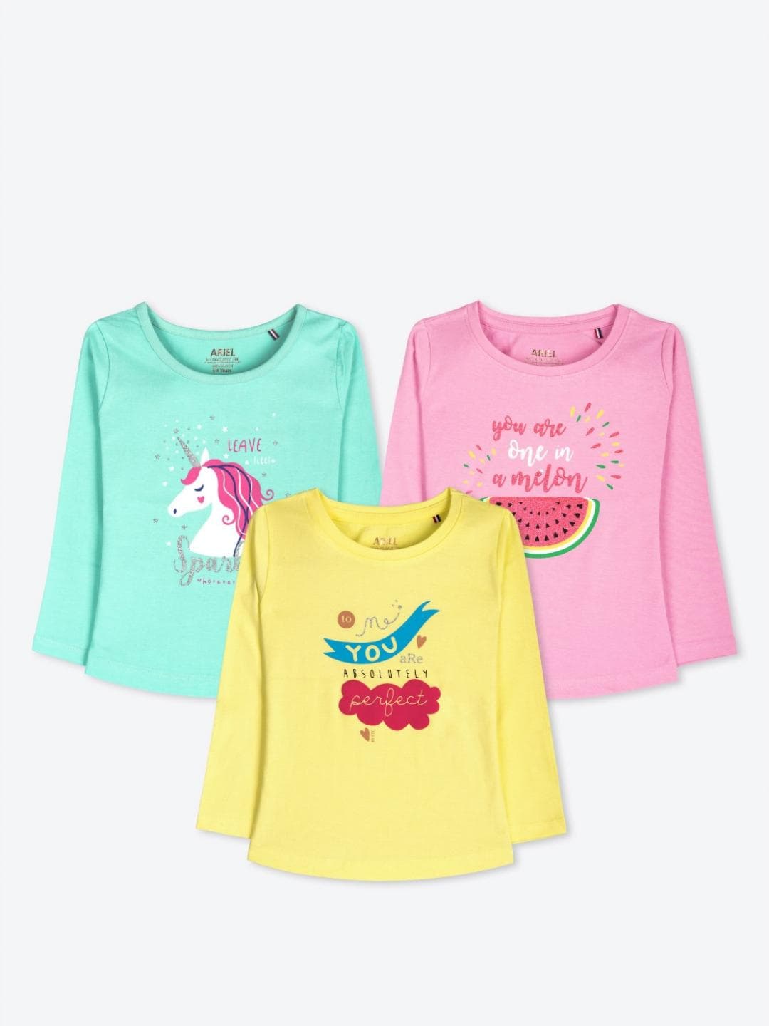 ariel Girls Pack Of 3 Typography Printed Pure Cotton T-shirts