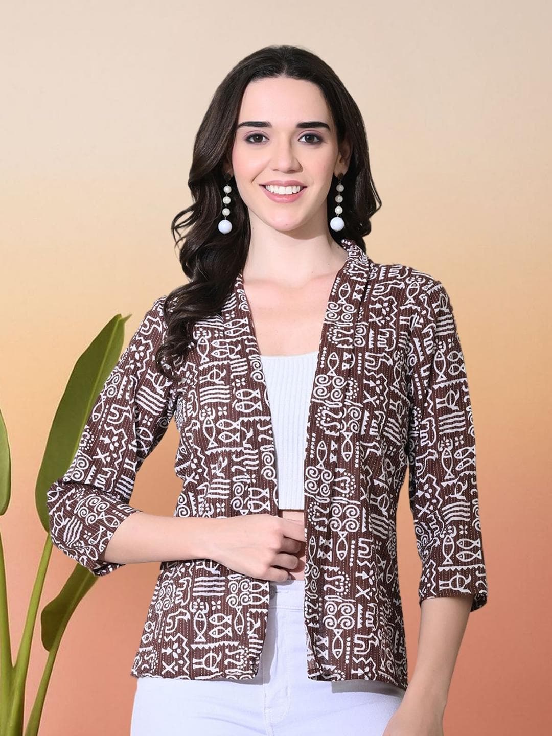 Sangria Warli Printed Open Front Shrug