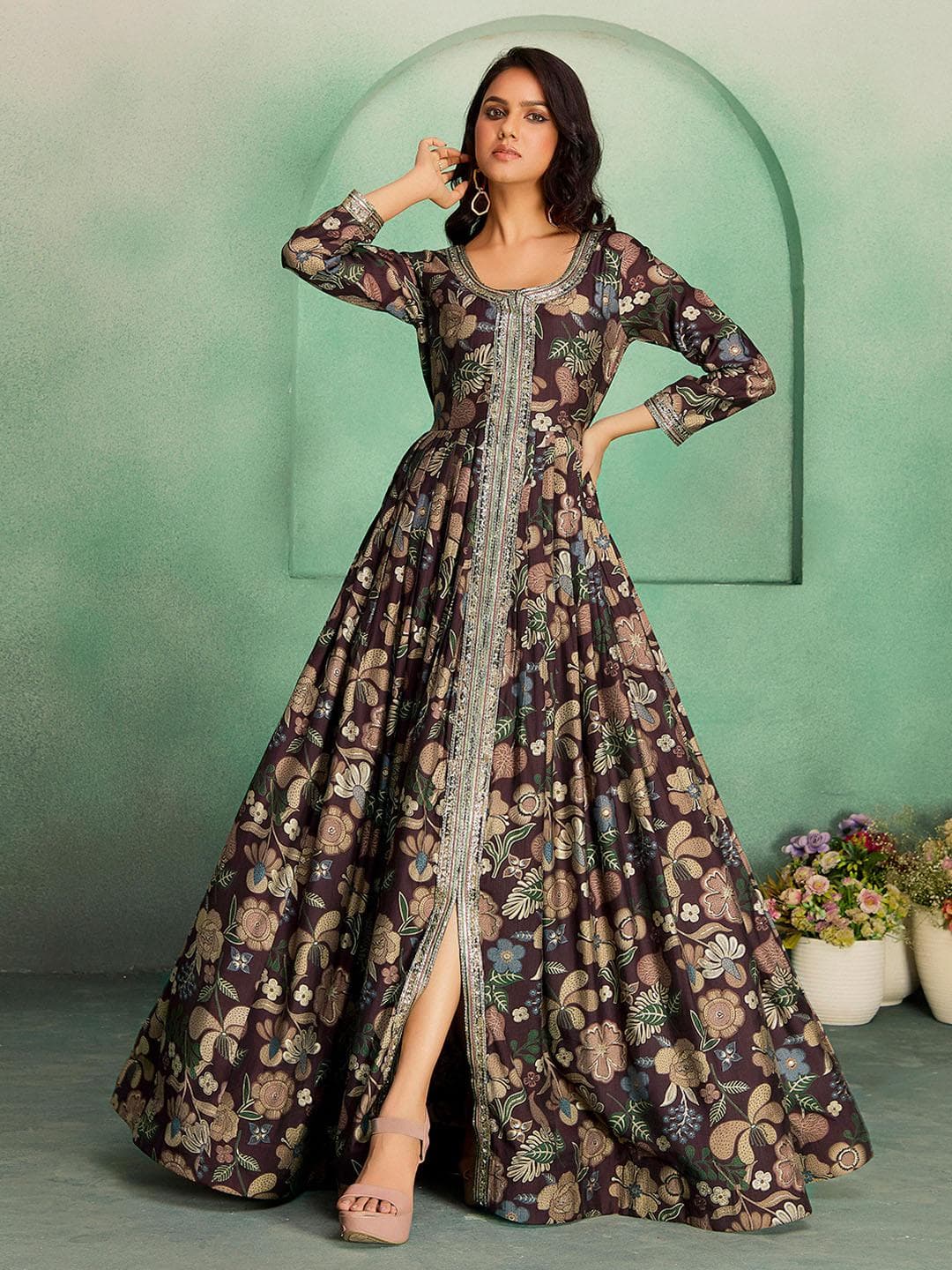 Buy MADHURAM Printed Front Slit Gown Ethnic Dress - - Apparel for Women