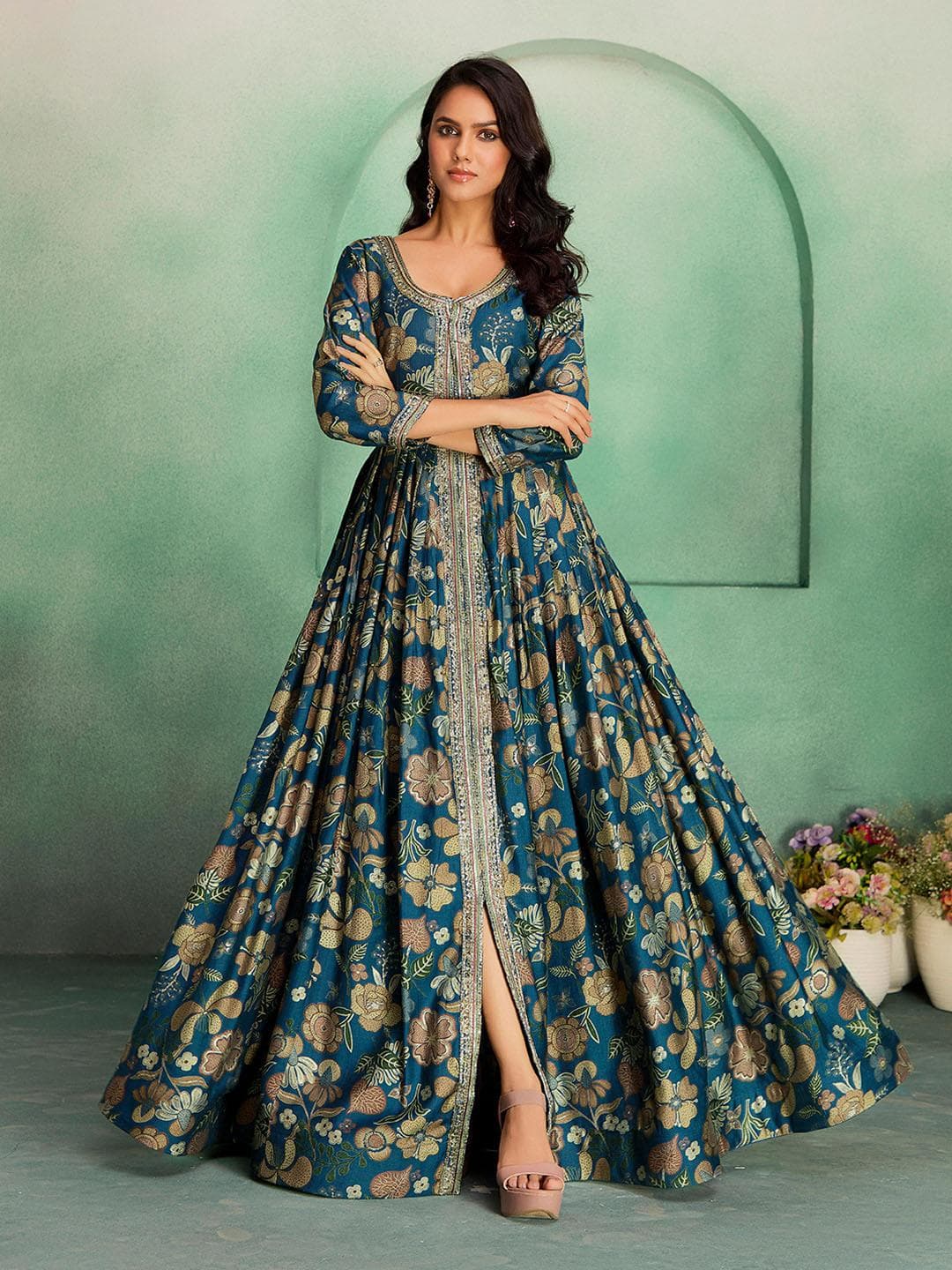Buy MADHURAM Floral Printed Dress With Hand Embroidered Detail - - Apparel for Women