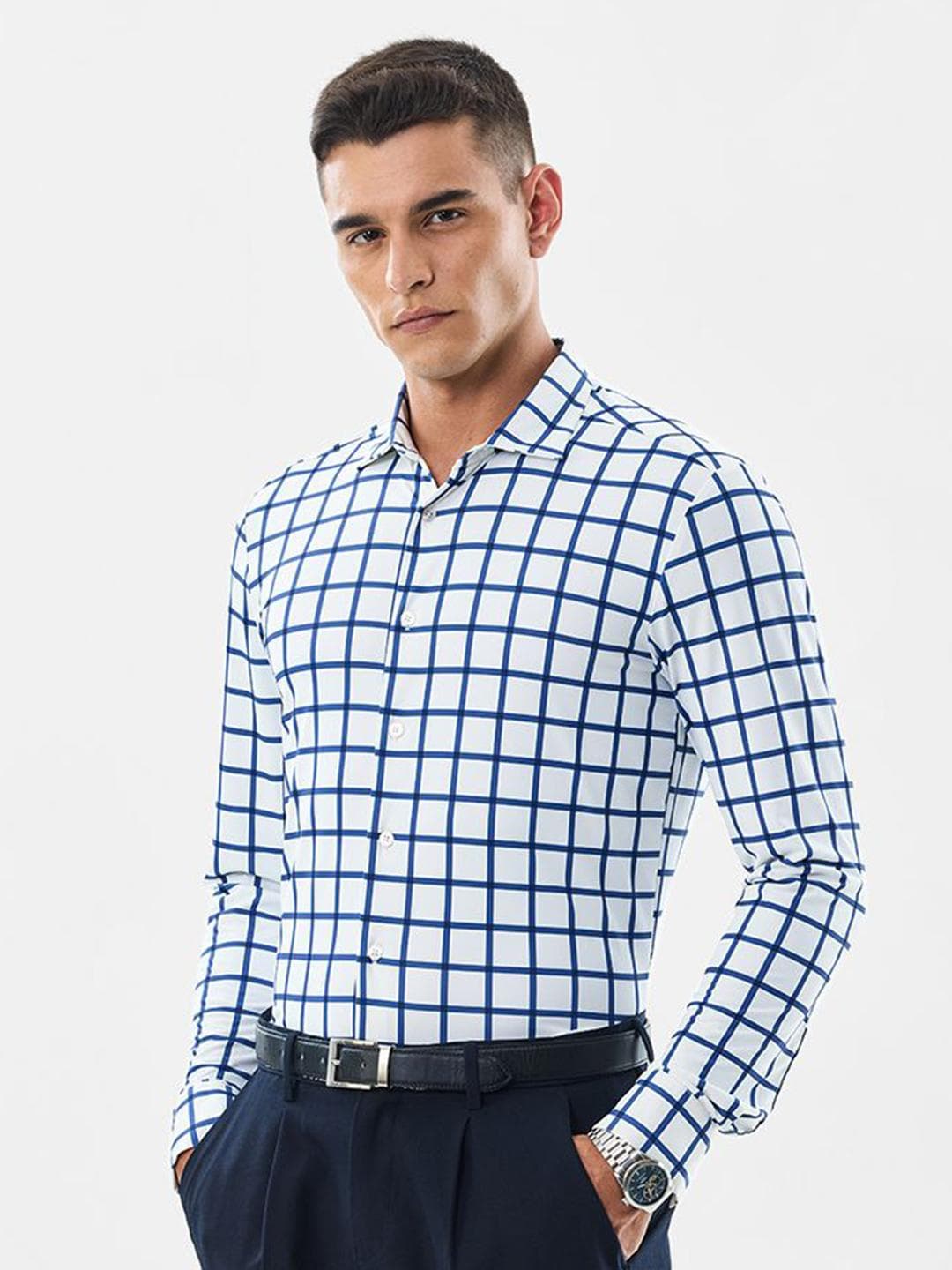 Snitch Checked Spread Collar Wrinkle Free Slim Fit Formal Shirt