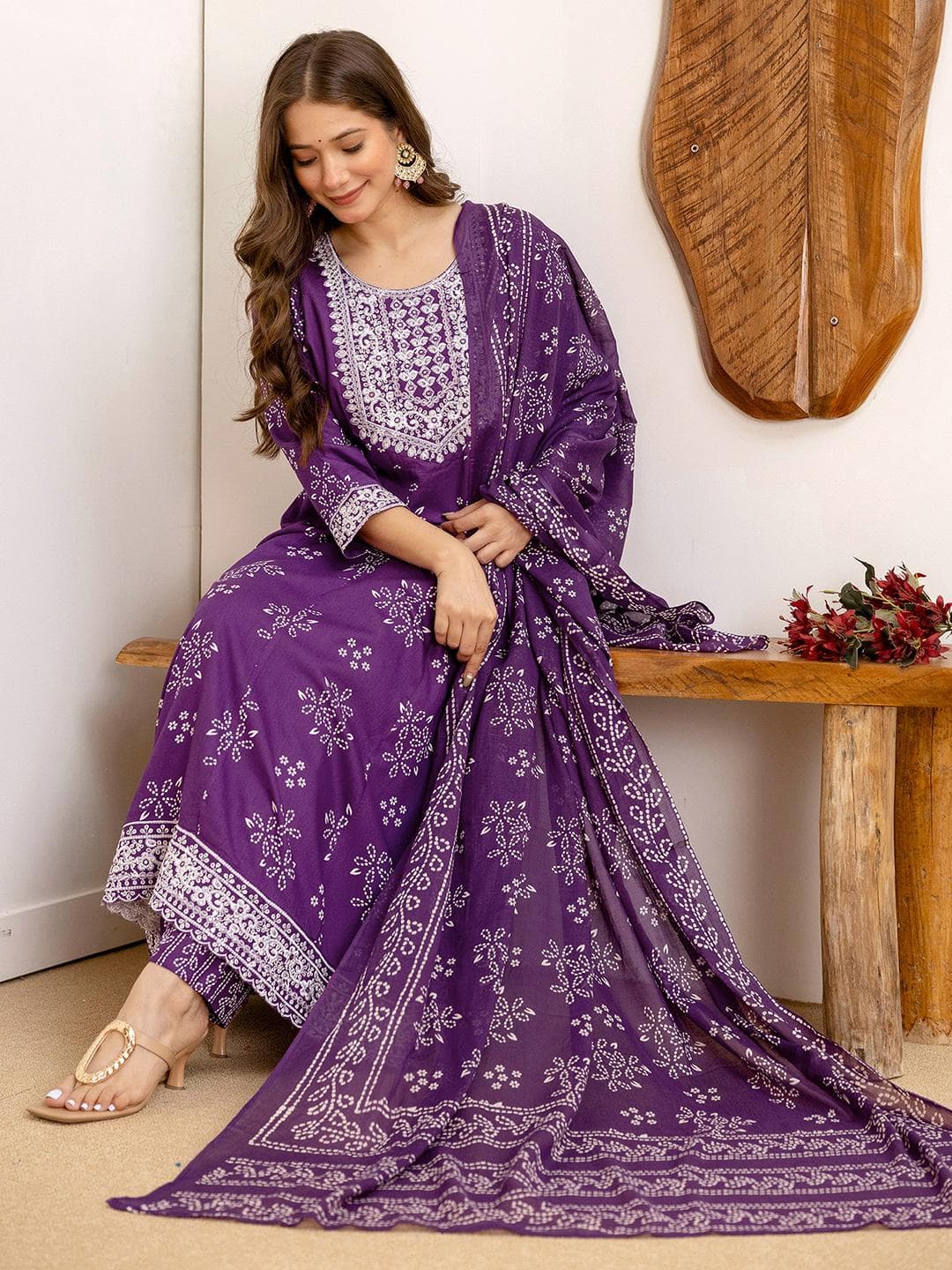 SANISA Women Bandhani Printed Anarkali Kurta with Trousers & Dupatta