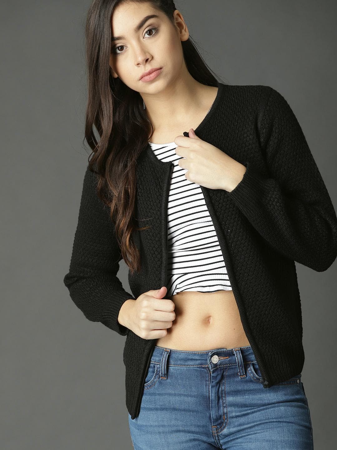 Roadster Women Black Self Design Cardigan