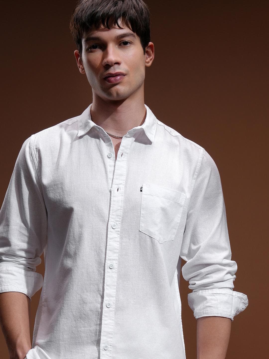 Highlander Men White Regular Fit Solid Casual Linen Shirt