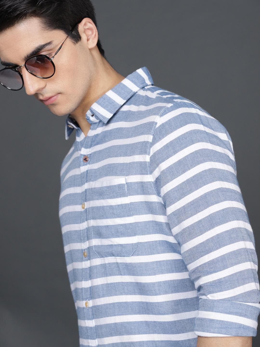 WROGN Men Blue & White Slim Fit Striped Casual Shirt