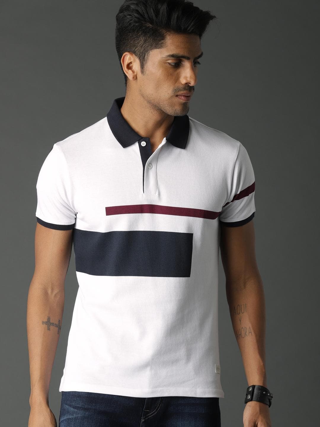 Roadster Men White Navy Blue Colourblocked Polo Collar Cotton T-shirt