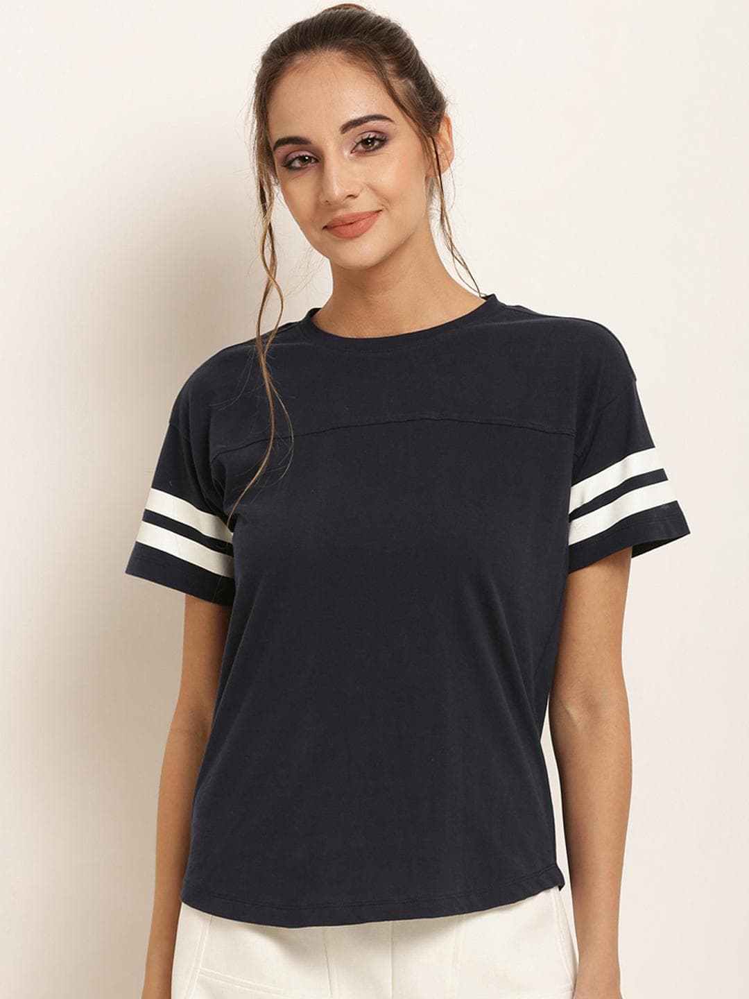 Harpa Women Navy Blue Solid Pure Cotton T-shirt