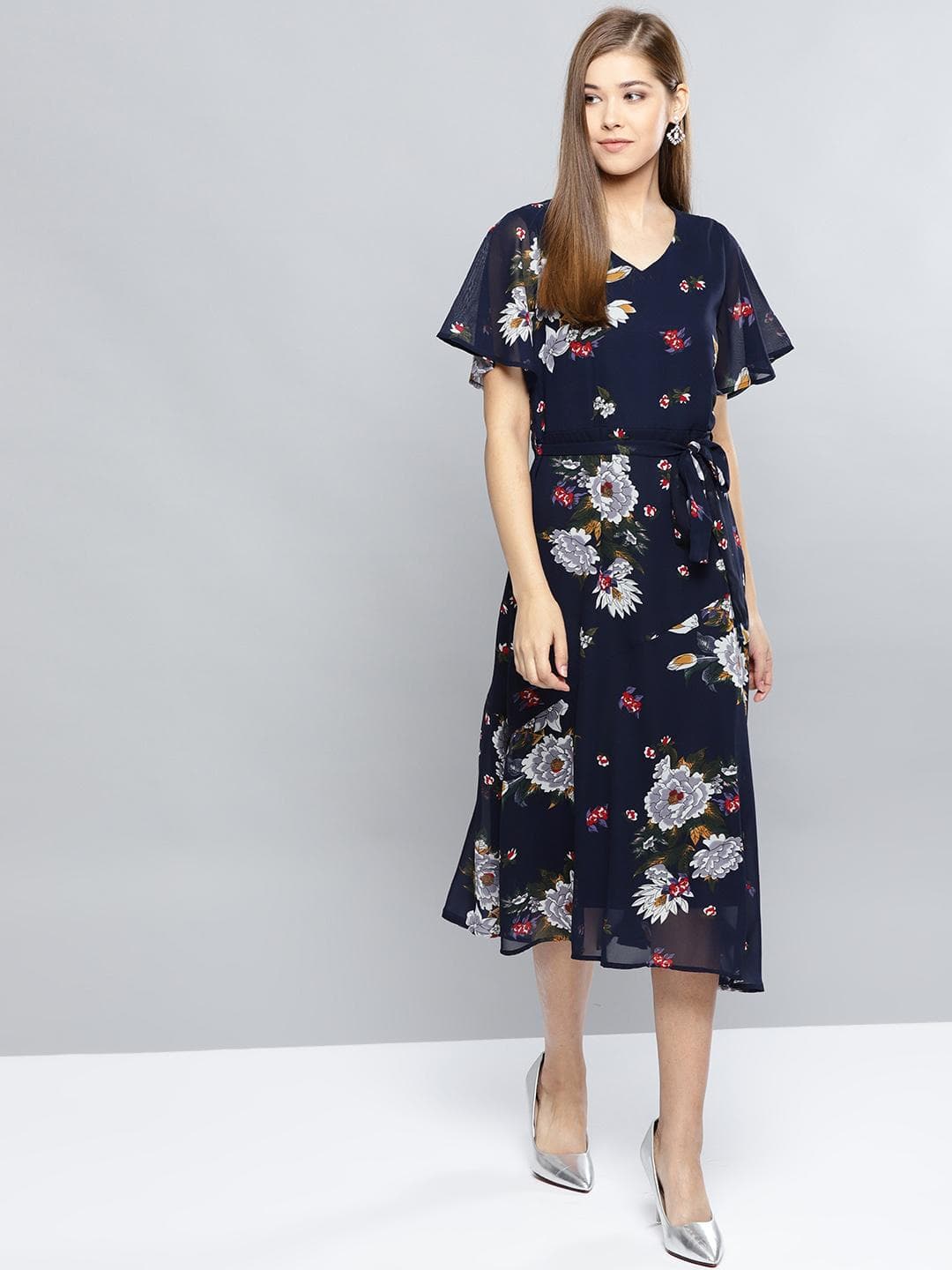 Harpa Women Navy Blue Floral Print Midi A-Line Dress