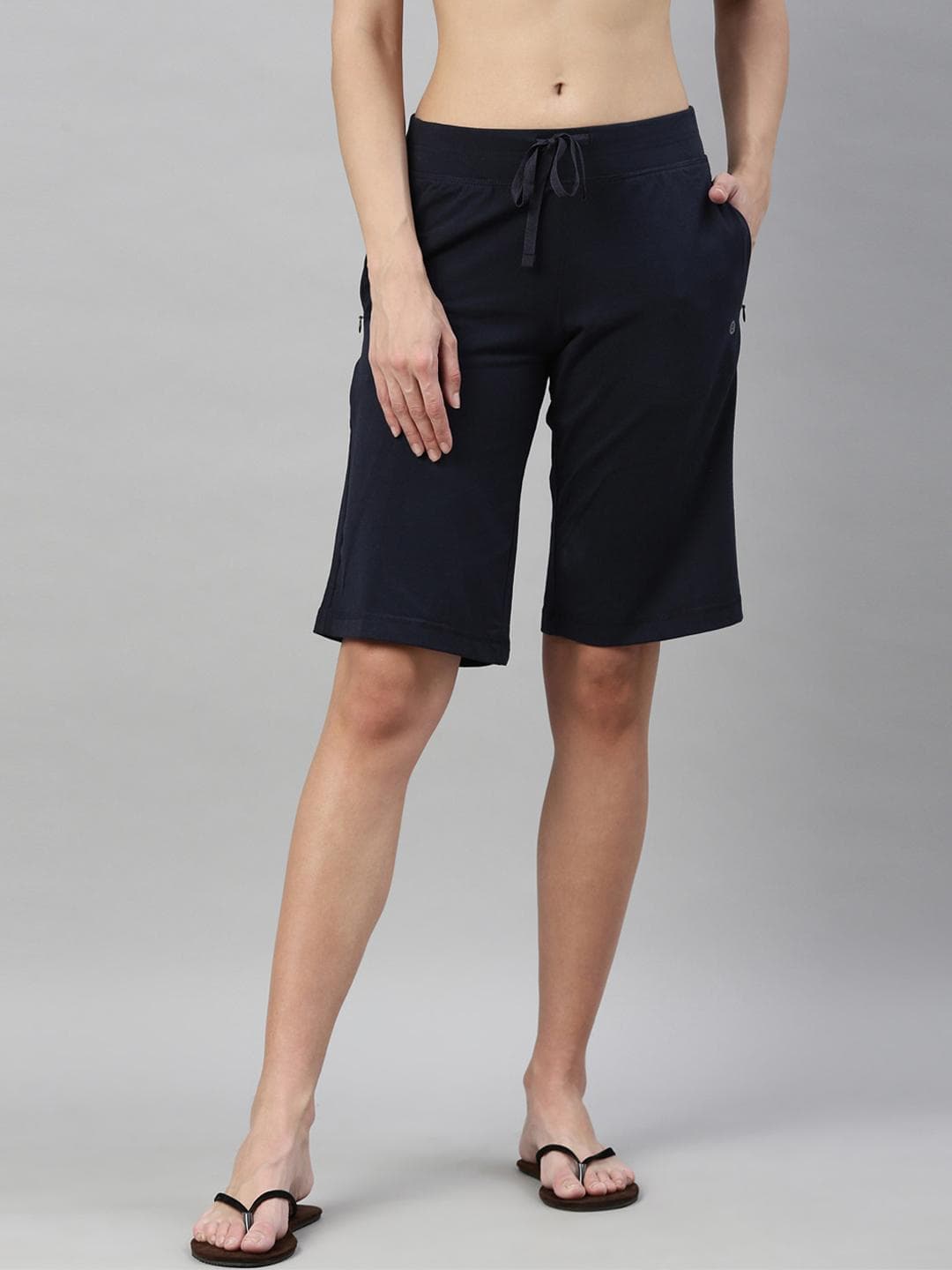 Enamor E044 Mid-Rise Stretch Cotton City Shorts for Women with Zipper Pockets