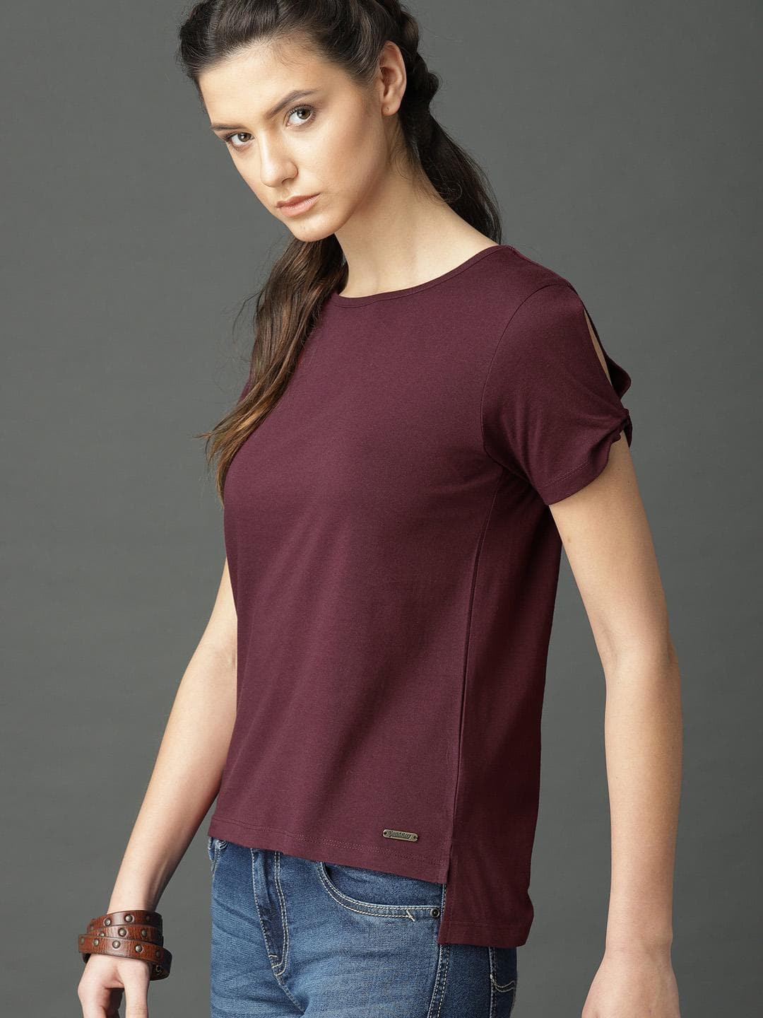 Roadster Women Burgundy Solid High-Low Cotton Top