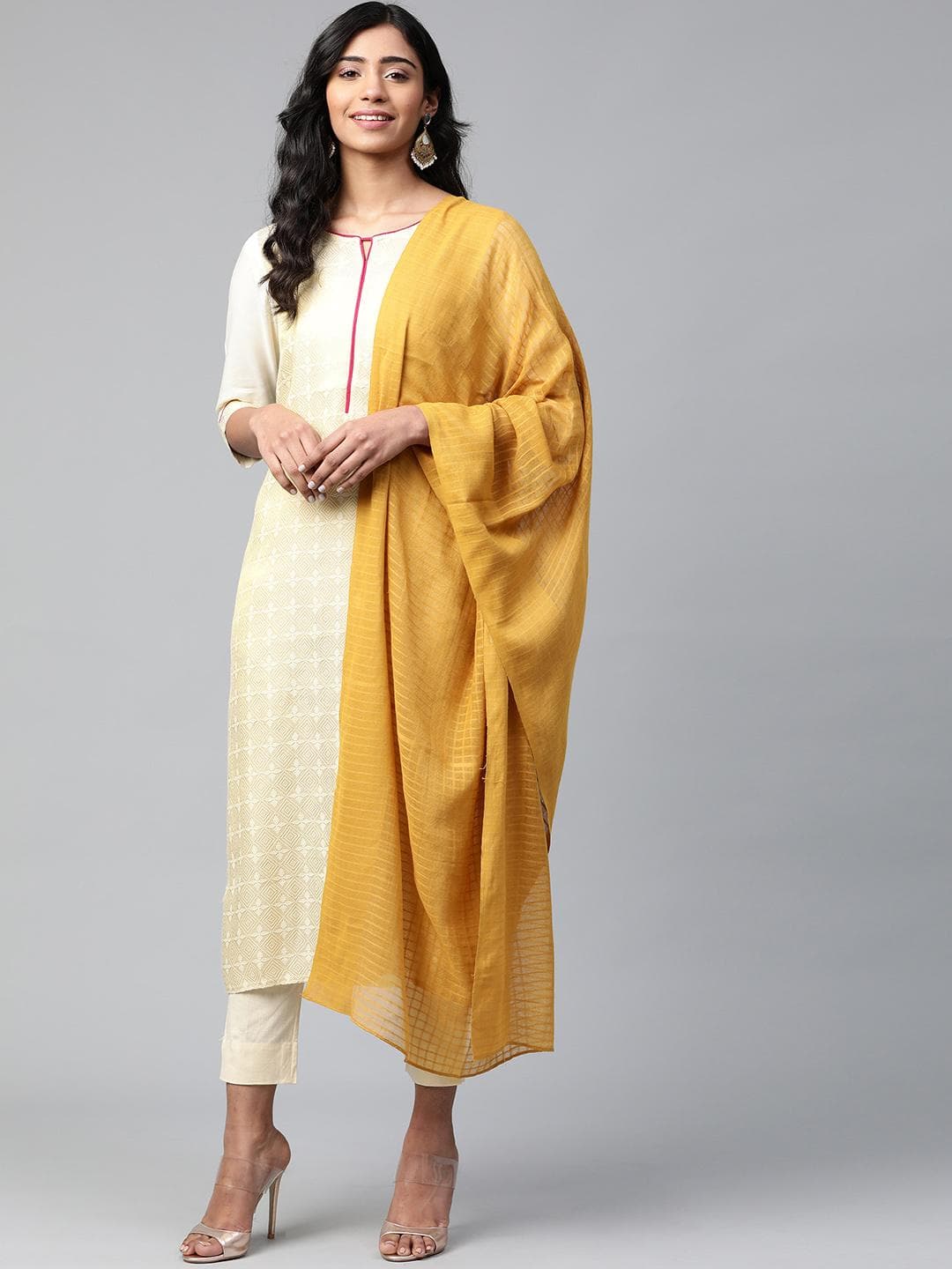 AURELIA Mustard Yellow Pure Cotton Self-Checked Dupatta