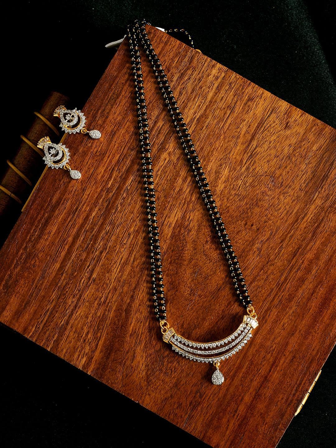 PANASH Gold-Plated Solitaire White CZ Stone-Studded Mangalsutra With Earrings