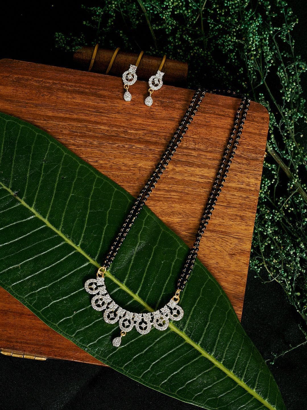 PANASH Gold-Plated White Solitaire CZ Stone-Studded Mangalsutra With Earrings