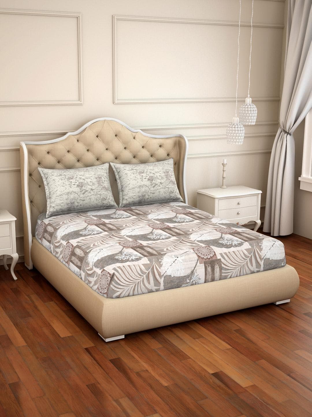 SPACES Grey & Beige Floral 144 TC Cotton 1 Queen Bedsheet with 2 Pillow Covers