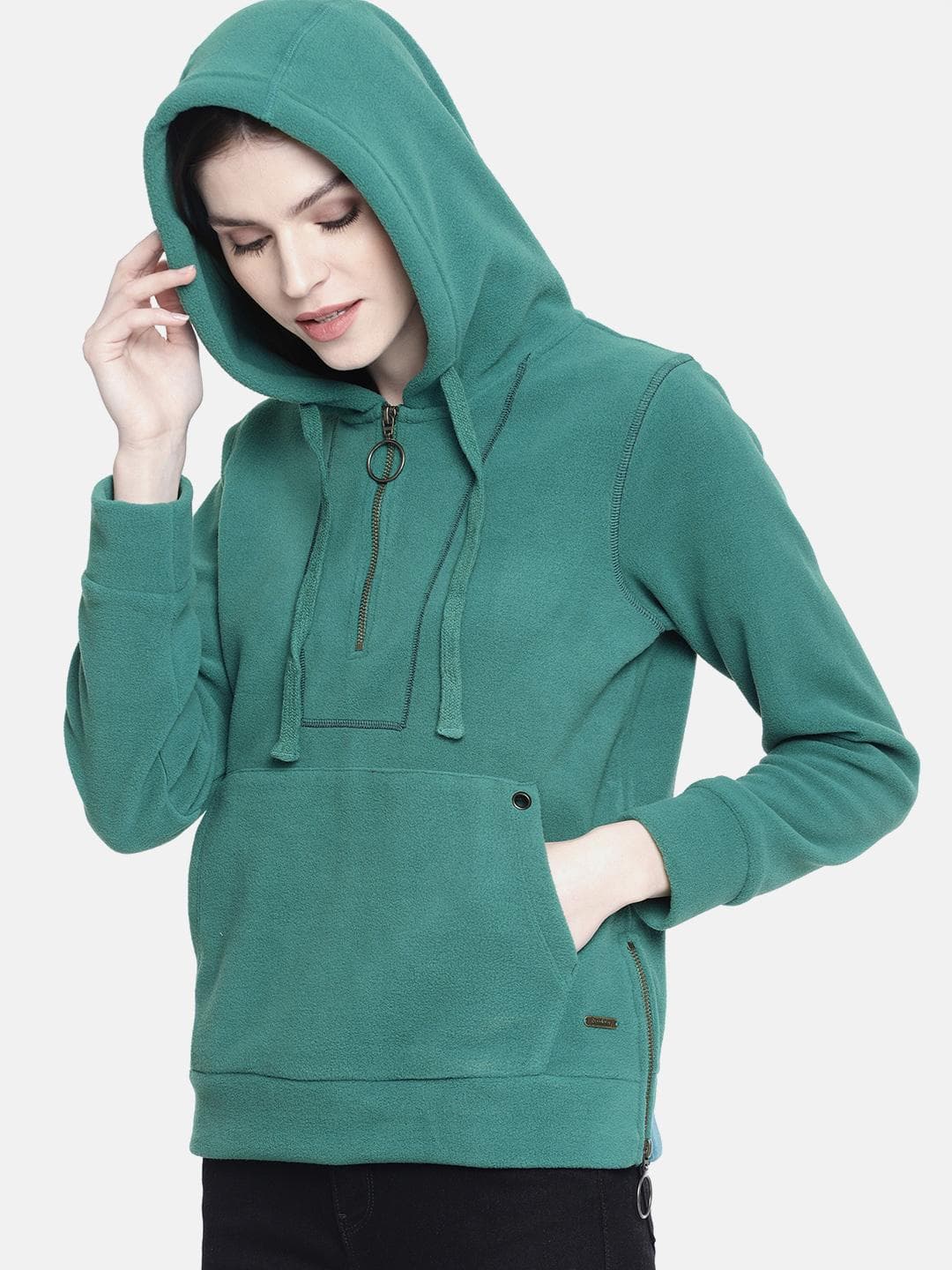 The Roadster Lifestyle Co Women Green Solid Hooded Sweatshirt