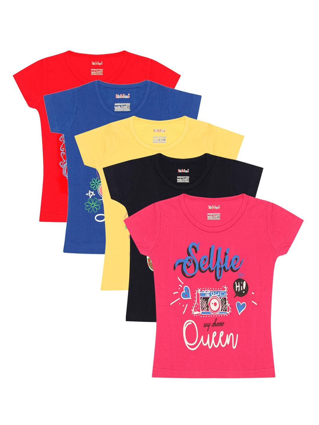 Kiddeo Girls Pack of 5 Multicoloured Printed Round Neck Pure Cotton T-shirts