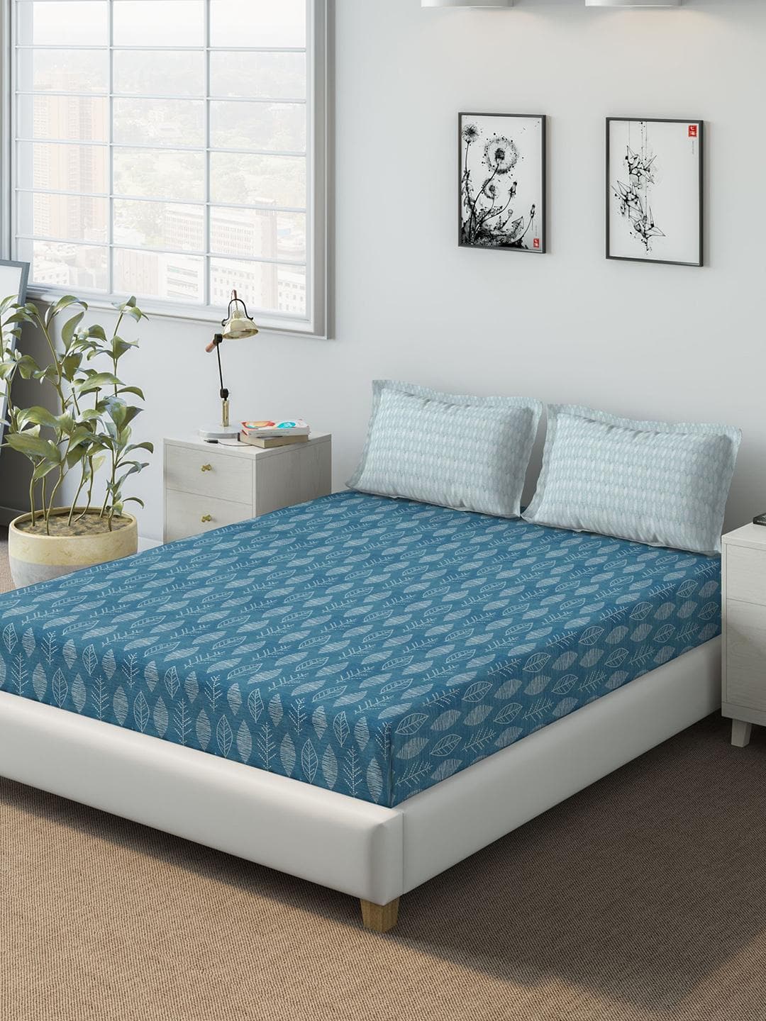 Buy DDecor Primary Collection Blue Leaves Pure Cotton 136TC King Bedsheet With 2 Pillow Covers - - Home for Unisex