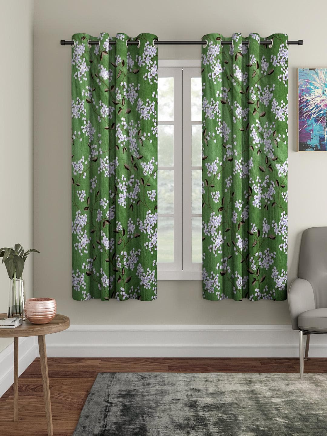 Buy Cortina Green & White Set Of 2 Floral Printed Window Curtains - - Home for Unisex