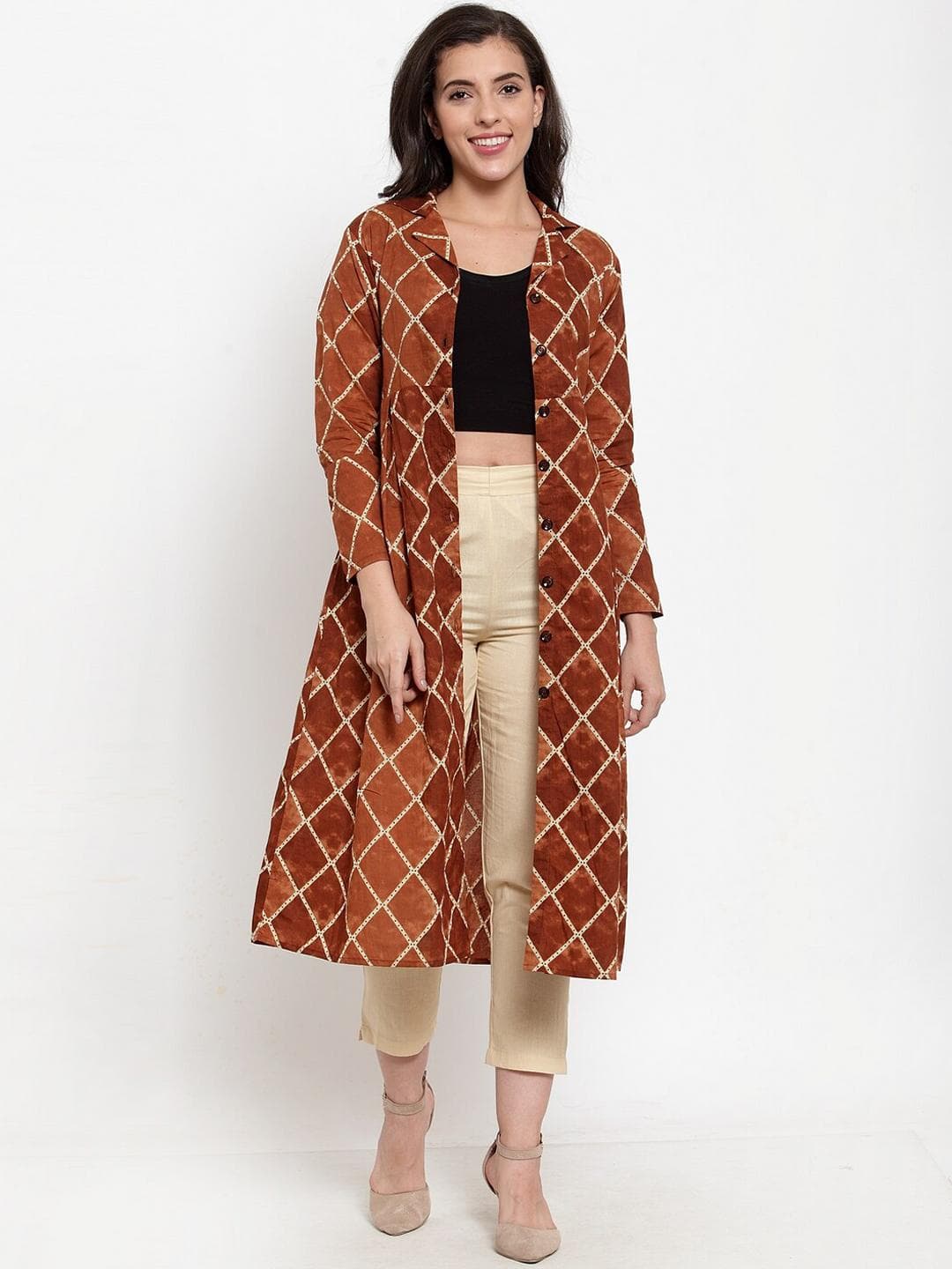 Indibelle Women Brown Printed Button Shrug