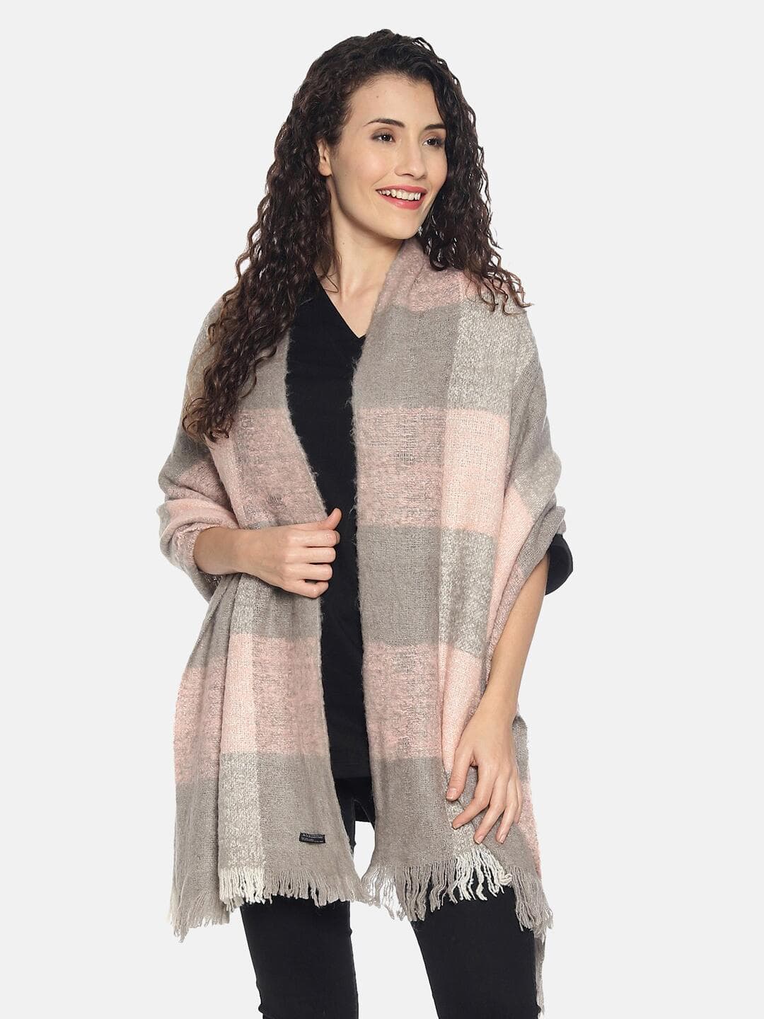 513 Women Pink & Grey Checked Stole