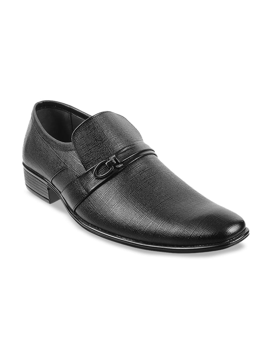 Metro Men Black Textured Leather Formal Slip Ons