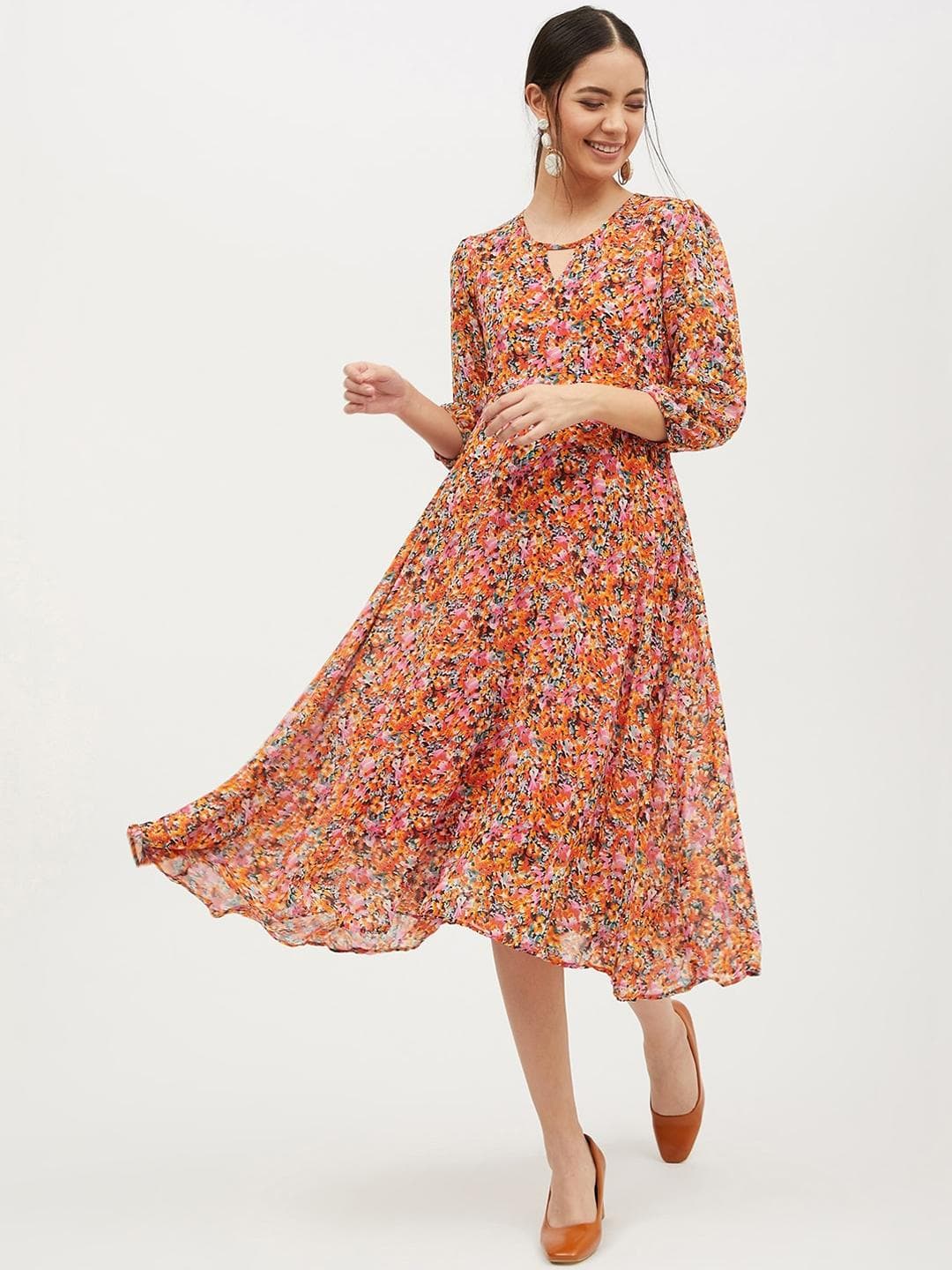 Harpa Pink & Orange Floral Printed A-Line Dress