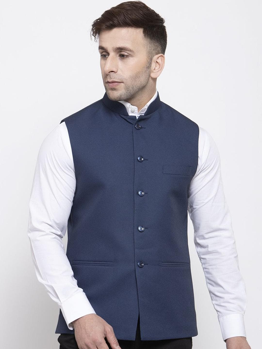 Wintage Men Blue Solid Woven Design Nehru Jacket