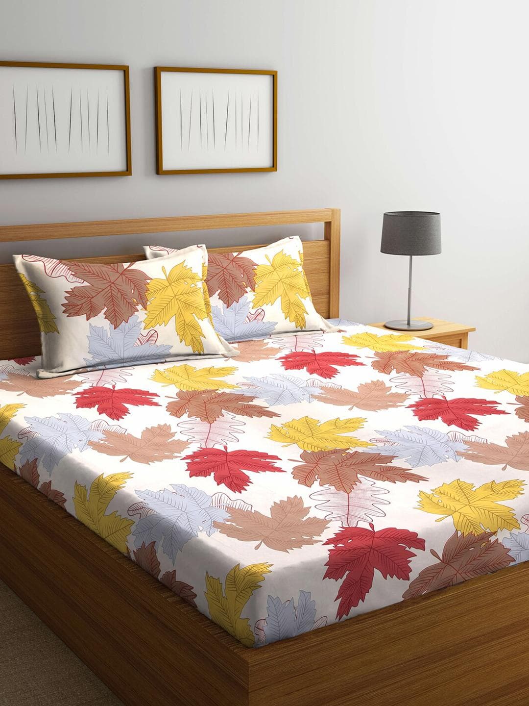 Buy KLOTTHE White & Yellow Floral 300 TC 1 Double King Bedsheet With 2 Pillow Covers - - Home for Unisex