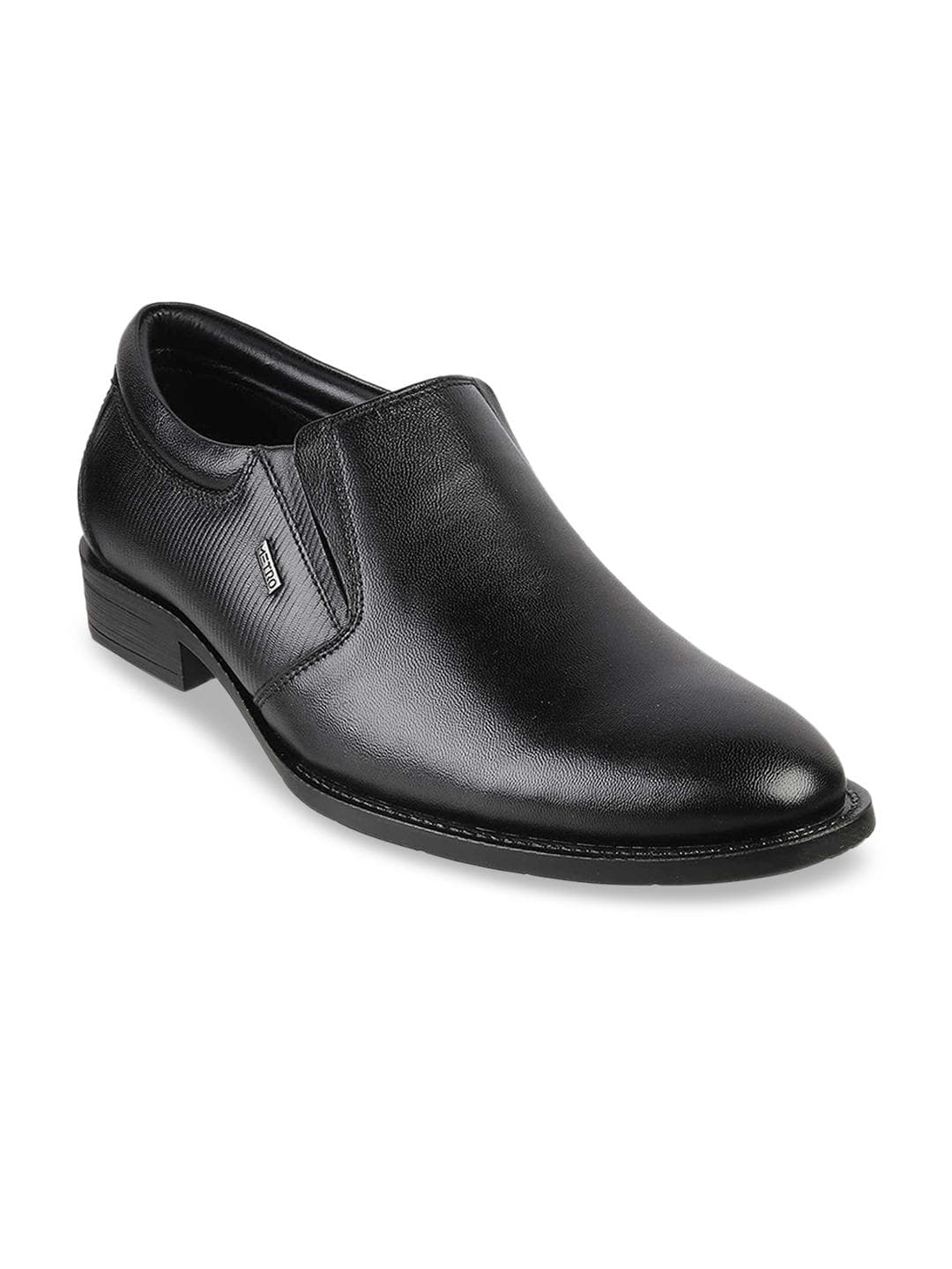 Metro Men Black Solid Leather Formal Slip-Ons