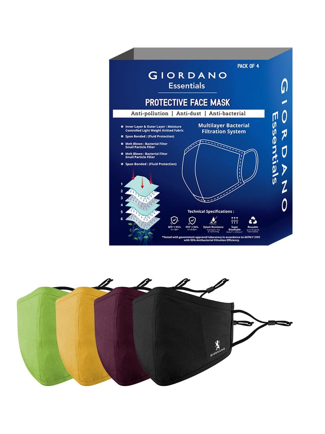 Buy GIORDANO Adult Pack Of 4 Solid 6 Ply Reusable Cotton Protective Outdoor Masks - - Accessories for Unisex
