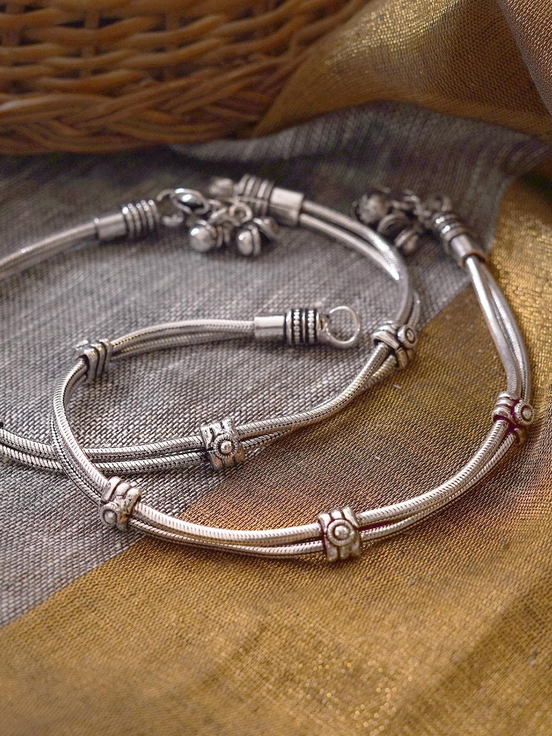 Buy TEEJH Set Of 2 Silver Toned Oxidized Anklets - - Accessories for Women