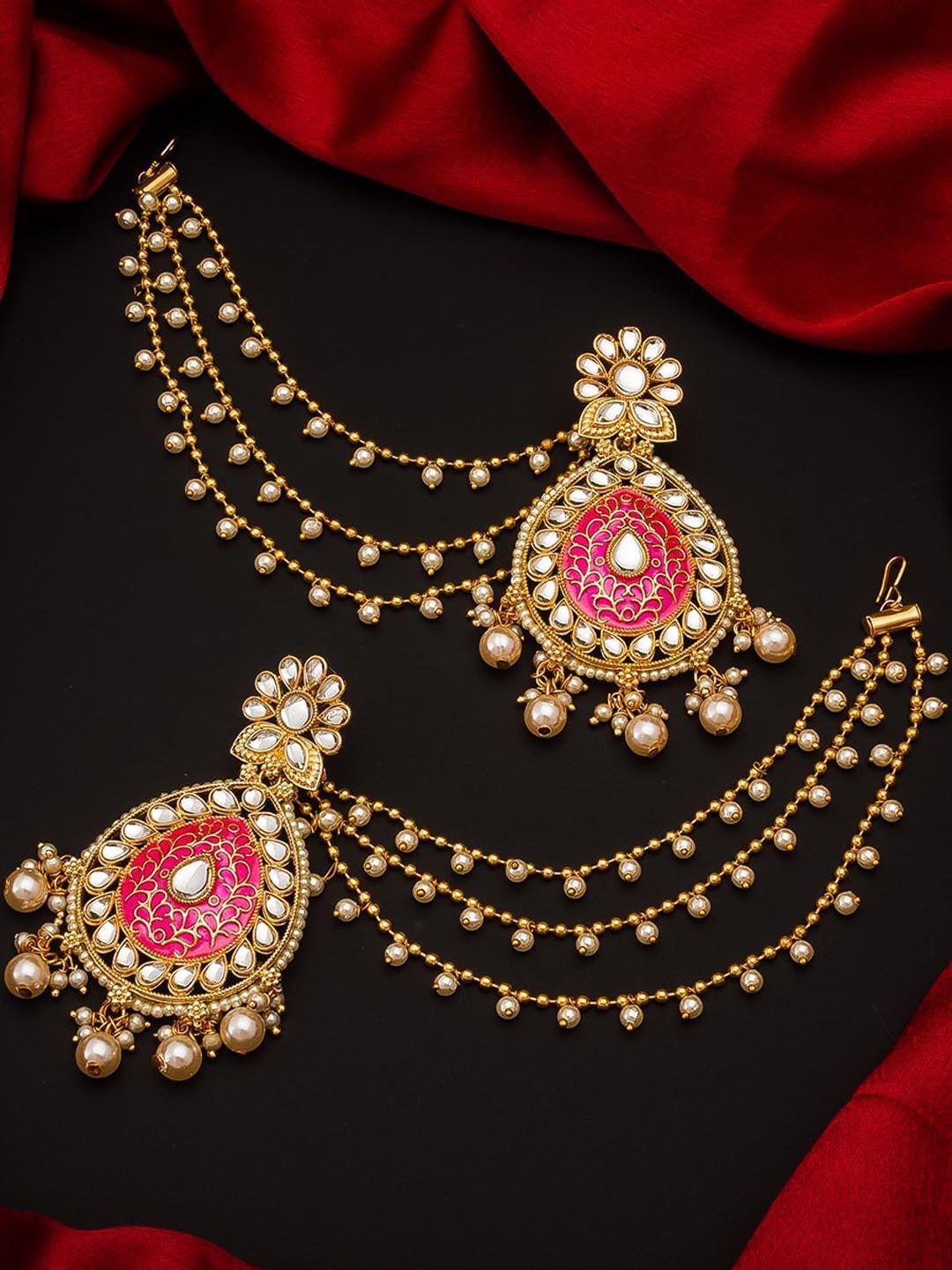 Buy Aadita Gold Toned & Pink Teardrop Shaped Drop Earrings With Hair Chain - - Accessories for Women
