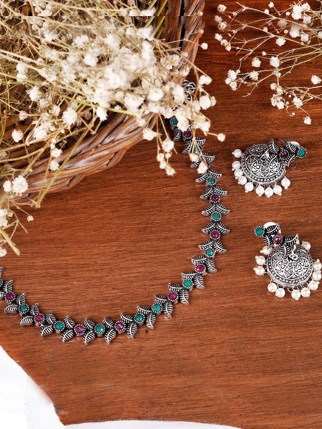 TEEJH Oxidized Silver-Plated Magenta Pink & Green Stone-Studded Pearl Beaded Jewellery Set