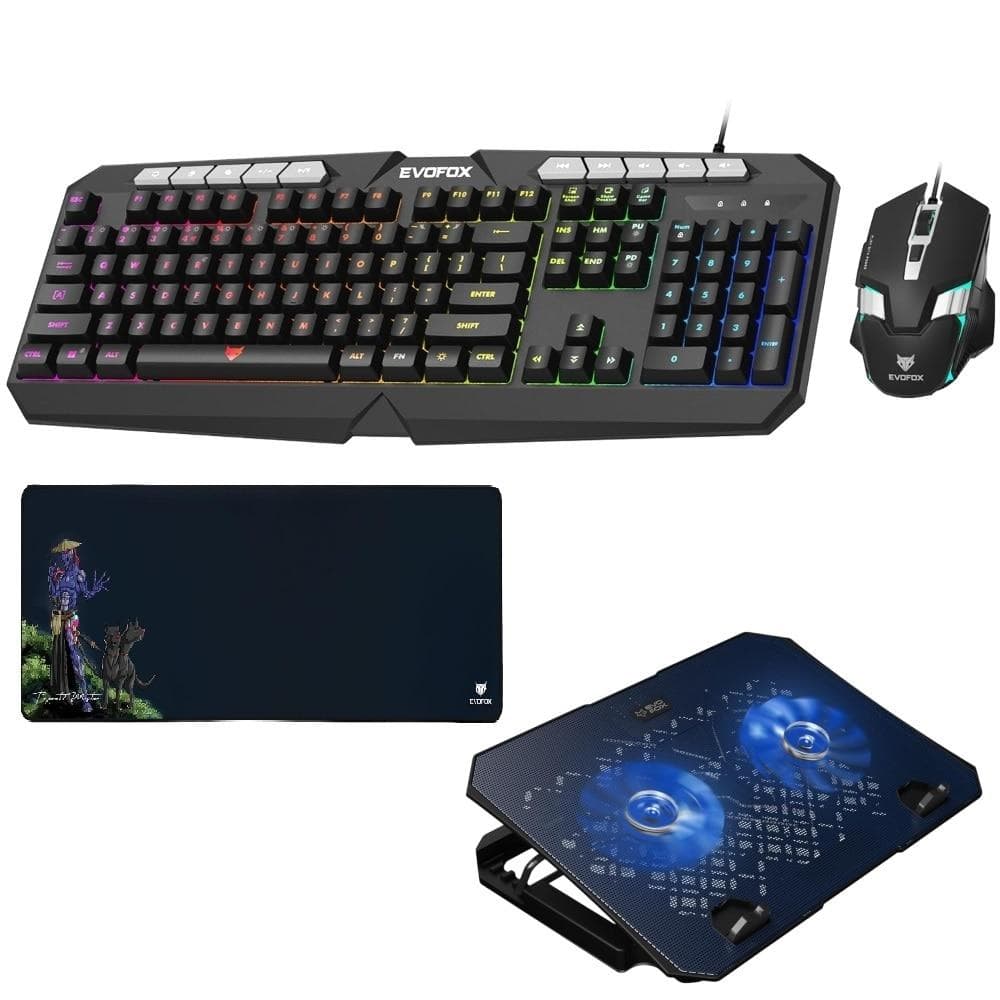 EvoFox Deathray Gaming 4 in 1 Wired Keyboard, Mouse, Desk Pad, Cooling Pad Combo, Black