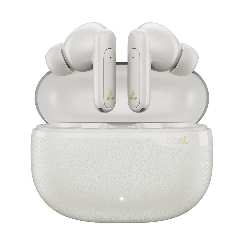 boAt Airdopes Plus Aura TWS Earbuds with Up to 75 Hours Playtime, 13 mm Drivers with boAt Signature Sound, 10 mins ASAP Charge (150 mins Playtime), 55 ms Low Latency, 4 Mics with AI-ENx Technology, Fractal White