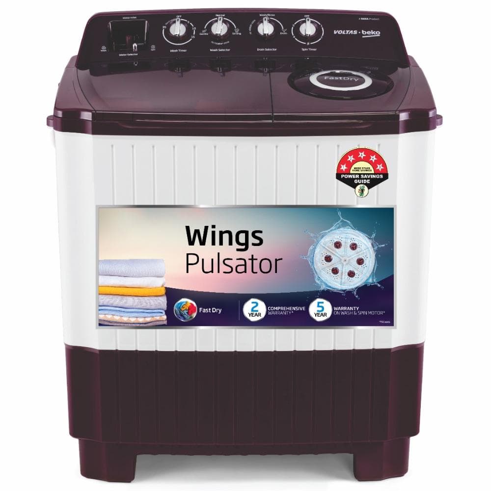 Voltas Beko 7.5 kg Semi Automatic, 1350 RPM, Wings Pulsator, Fast Dry, Lint Filter, Burgundy, 5 Star (BRSSWH4PTR0)