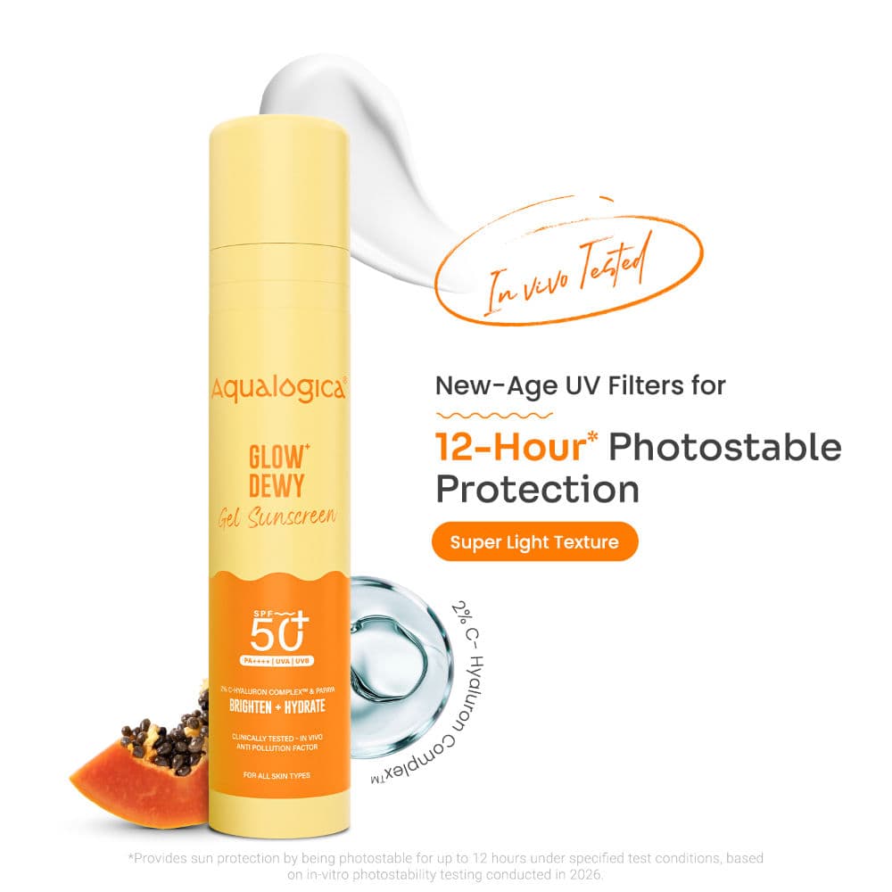 Aqualogica Glow+ Dewy Sunscreen Gel SPF 50+ PA++++, Papaya, Vit C, In-Vivo Tested, APF